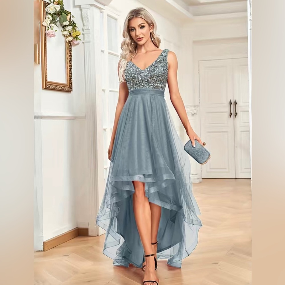 NEW Elegant V Neck Sequined Dress, Sleeveless Contrast Mesh Dress